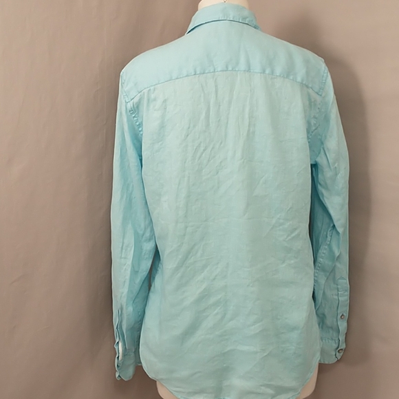 Cerulean Blue 100% Linen Shirt DKNY Lightweight Quality Button Down Long Sleeve - Picture 5 of 9